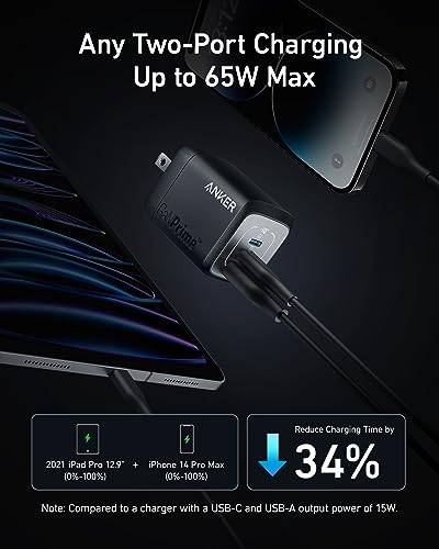 Anker Prime 67W USB C Charger, Anker GaN 3-Port Compact Fast PPS Wall Charger, For MacBook Pro/Air, Pixelbook, iPad Pro, iPhone 15/14/Pro, Galaxy S23/S22, Note20, Pixel, Apple Watch