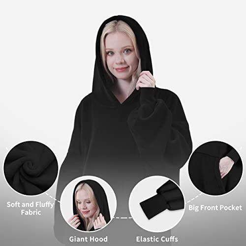 Easy-Going Oversized Flannel Wearable Blanket Hoodie for Adults, One Size Fits All, Black