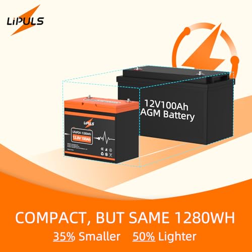 LIPULS 12V 100Ah LiFePO4 Lithium Battery (1-Pack), 4000~15000 Deep Cycle Lithium Iron Phosphate Battery, Built-in 100A BMS, Support in Series/Parallel, for RV, Camping, Trolling Motor, Off-Grid System
