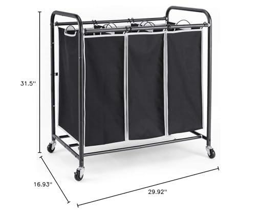 ROMOON Laundry Sorter, 3 Compartment Laundry Hamper with Heavy Duty Rolling Lockable Wheels, Laundry Basket Organizer with Removable Bags for Dirty Clothes Storage, Black