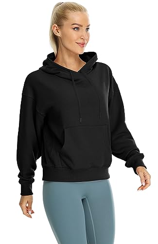 icyzone Women's Fleece Lined Hooded Sweatshirt Tops, Oversized Casual Pullover with kangaroo Pocket & Drawstring (Black, S)