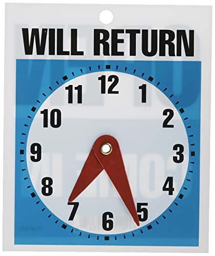 Headline Sign Double-Sided Open/Will Return Sign with Clock Hands, 5" x 6", Made in USA (9381)