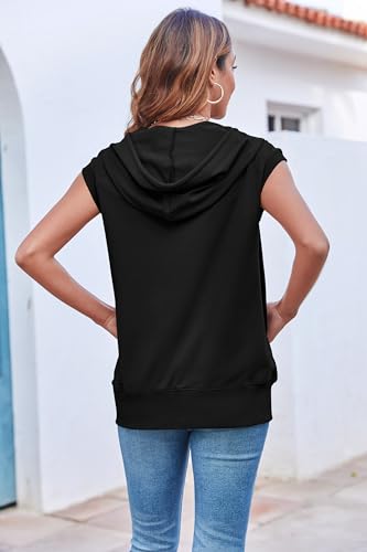 Fisoew Women's Sleeveless Zip Up Hoodies Casual Loose Fit Drawstring Sweatshirts Lightweight Jackets Vest with Pockets Black