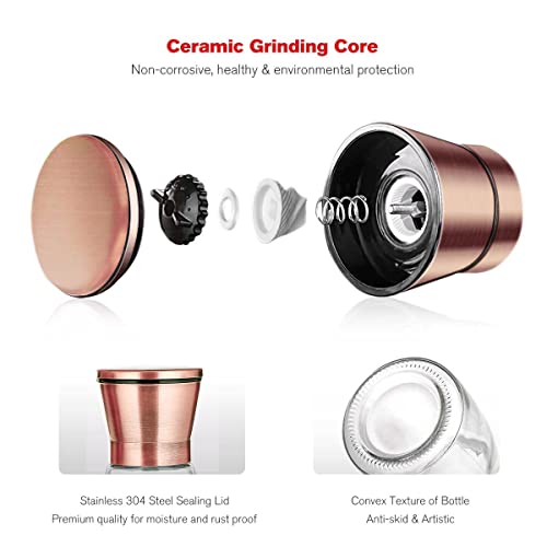 bonris Copper Stainless Steel Salt and Pepper Grinder Set Manual Himalayan Pink Salt Mill|Salt and Pepper Shakers with Adjustable Coarseness and Clear Glass Body (Pack of 2) (SHORT)