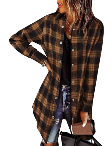 Zeagoo Womens Flannel Fall Long Flannel Shirts Cute V Neck Button Up Blouse Top Christmas Pockets Red Black