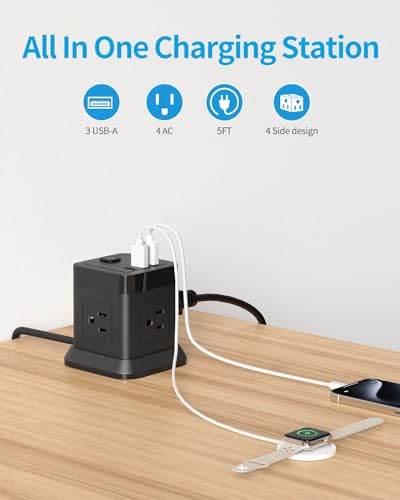 Power Strip with USB, FDTEK Flat Plug Extension Cord with 4 AC and 3 USB, 5 FT Power Cord Desktop Charging Station, Overload Protection, Compact Portable for Travel Home Office Cruise Ship - Black