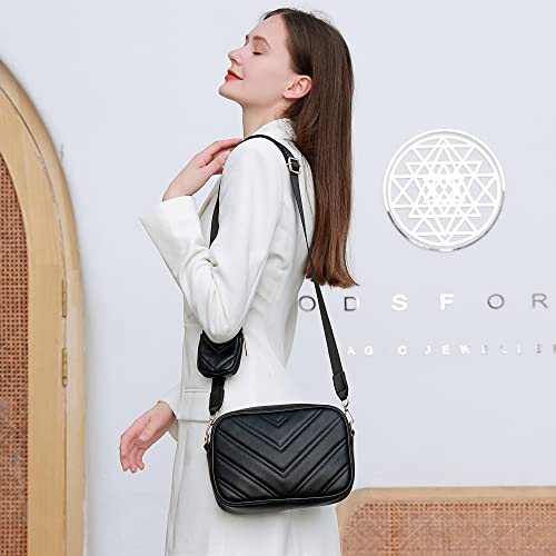 Herald Chevron Quilted Small Crossbody Bag with Coin Purse Pouch, Women Square Camera Side Shoulder 2 Size Handbags (Black)