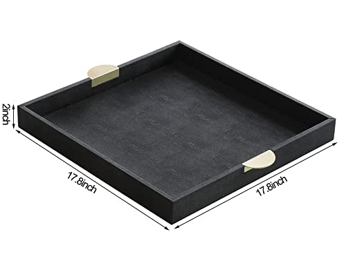 HofferRuffer Faux Leather Decorative Serving Tray, Elegant Coffee Table Tray, Ottoman Tray, Breakfast, Drinks, Liquor Serving Platter, Black Shagreen Finish with Gold Hardware Handle (Square)