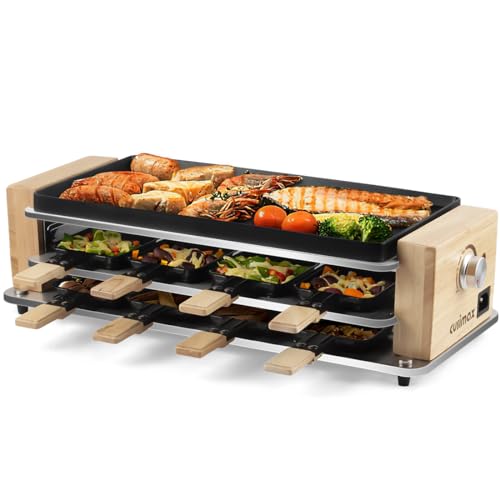 Indoor Grill, CUSIMAX Raclette Table Grill, 1500W Electric Grill Korean BBQ Grill with 2 in 1 Reversible Non-stick Plate/Wooden Base, Party Grill with 8 Trays & Wooden Spatulas, New Model