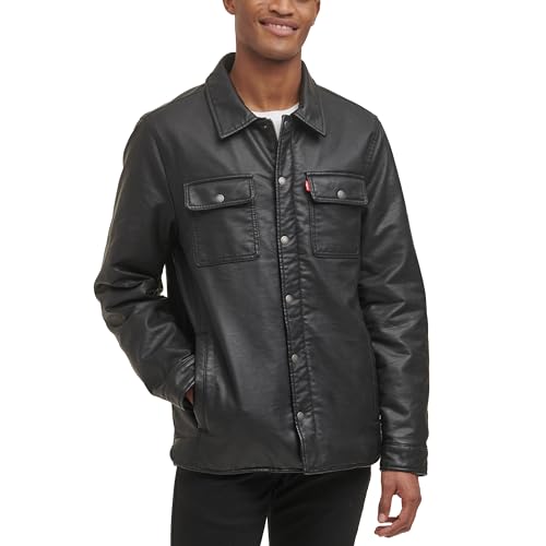 Levi's Men's Buffed Cow Faux Leather Hooded Trucker Jacket, New Black, Small