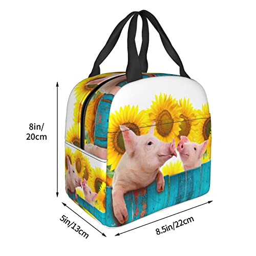 VOOHDDY Funny Pig Sunflower Wood Insulated Lunch Bag For Men Women Reusable Lunch Box Container Waterproof Portable Cooler Thermal Tote Bag For Work Office Picnic Beach Travel