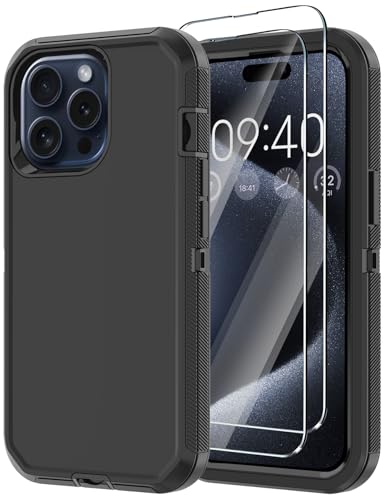 Annymall for iPhone 15 Pro Case with 2 Screen Protector,Shockproof Drop Protection Full Body Heavy Duty 3-Layer Military Rugged Durable Phone Cover for Apple iPhone 15 Pro 6.1" (Black)