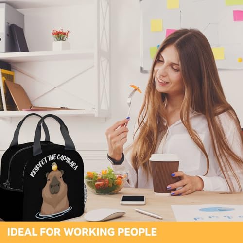 Mercuryelf Capybara Lunch Bag for Teen, Insulated Lunchbox for kids, Black Funny Lunch Bags Reusable, Small Foldable Lunchbag for Work School