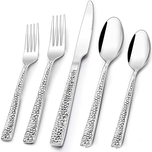 Paincco Hammered Silverware Set, 40-Piece Stainless Steel Square Flatware Set for 8, Tableware Cutlery Set, Utensil Set for Home Restaurant, Includes Fork Knife Spoon, Modern Design, Dishwasher Safe