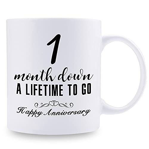 aiyaya 1 Month Anniversary Mugs for Girlfriend Boyfriend - One Month Anniversary Mug for Him Her Couple Lovers - 1 Month Down A Lifetime To Go Happy Anniversary Mug - 11 oz Coffee Mug