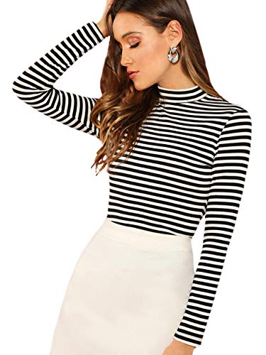 Floerns Women's Mock Turtleneck Long Sleeve Slim Fit Stretch Striped T-Shirts Tunic Tops Fall Fashion Trendy Outfits Clothes Multi Striped S