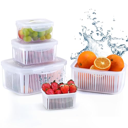 LUXEAR Fruit Vegetable Produce Storage Saver Containers with Lid & Colander 4 Packs BPA-Free Plastic Fresh Keeper Set | Refrigerator Fridge Organizer | for Salad Berry Lettuce Food Meat Fish Celery