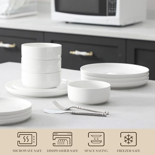 MALACASA Plates and Bowls Sets, 12 Pieces Porcelain Dinnerware Sets Dishware Sets Chip Resistant Ceramic Dish Set Dining Dinner Ware Service for 4, White, Series LUNA