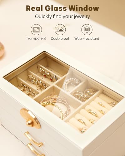 Enthralite Jewelry Box with Glass Lid | 3-Layer Jewelry Organizer with 2 Drawers for Necklaces, Earrings, Rings, Bracelets| Gift for Women Girls | White