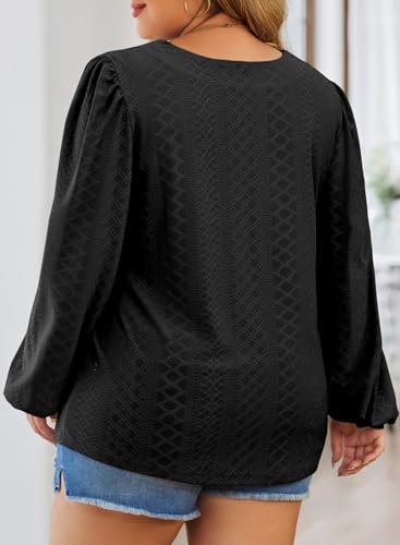Eytino Womens Plus Size Tops V Neck Long Lantern Sleeve Casual Loose Blouses Office Shirts,1X Black