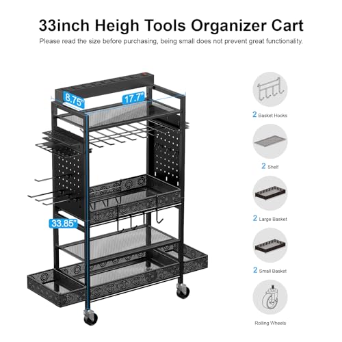 CCCEI Garage Power Tools Organizer Cart with Charging Station, Black Floor Standing Rolling Drill and Tools Battery Storage Cart on Wheels. Black Utility Rack Gift for Men, Husband, Father.