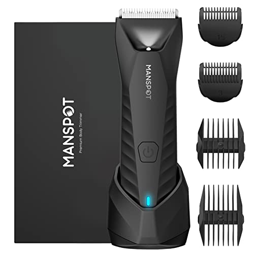 MANSPOT Manscape Body & Pubic Hair Trimmer for Men, Electric Groin Hair Trimmer, Replaceable Ceramic Blade Heads,Waterproof for Wet/Dry Use,Standing Recharge Dock,90 Minutes Shaving(Black)