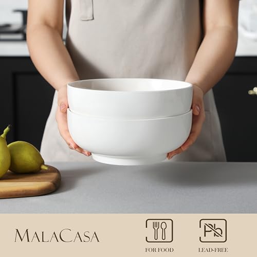 MALACASA Salad Bowls Set, 44 OZ (7") Large Soup Bowls Cereal Bowl for Kitchen, White Ceramic Bowls Set of 2, Dishwasher & Microwave Safe,Series REGULAR