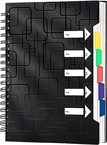 CAGIE 5 Subject Notebook College Ruled 8.5x11 240 Pages Spiral Notebook with Dividers Tabs A4 Notebooks for School Work Organization Note Taking, Black