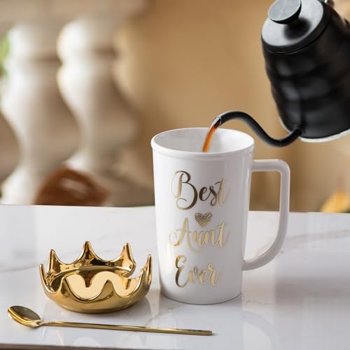 PeraBella Best Aunt Ever Coffee Mug, 19 oz, Ceramic, White and Gold, with Queen's Crown Lid and Long Brass Spoon