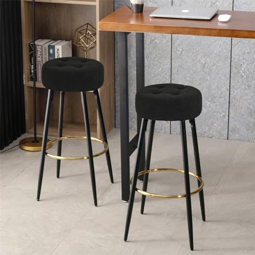 Furnimart 30 inches Modern Round Bar Stools Set of 2, Upholstered Dining Chair Stool with Gold Footrest for Kitchen Island Coffee Pub Shop Bar Height (Velvet-Black)