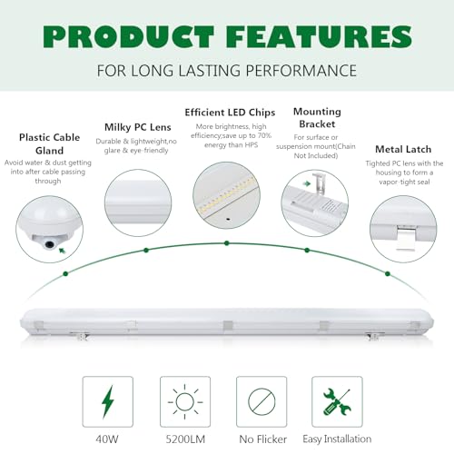 BRILLIHOOD 4FT LED Vapor Proof Light Fixture, 40W, 5200LM, 6000K Bright White, IP65 Waterproof Shop Light, 110-277V, Indoor Outdoor Vapor Tight Lighting for Garage, Car Wash, Warehouse, 1-Pack