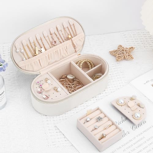 DesignSter Travel Jewelry Box, Velvet Small Jewelry Boxes, Travel Jewelry Case for Women Girls, Travel Jewelry Organizer for Rings Earrings Necklaces Bracelets (Beige)