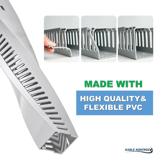 Kable Kontrol Wire Duct Open Slot Cable Raceway - 3” Width x 3” Height - 6.5 feet Long - 8 Pcs/Pack – Gray – PVC Wiring Trough Wire Cover Cord Hider for Under Desk Industrial Cable Management