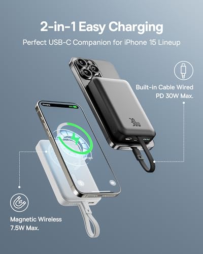 Baseus Magnetic Power Bank, 30W PD Fast Charging 10000mAh for Magsafe Battery Pack Built-in USB-C Cable (in&Out), Portable Charger for iPhone 15/15 Plus/15 Pro/15 Pro Max, Galaxy, iPad, Pixel (Black)