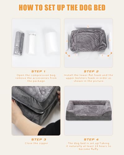 EMSLX Orthopedic Dog Beds for Small Dogs Waterproof Dog Beds with Sides Non-Slip Bottom Dog Couch Bed with Washable Removable Cover, Gray, 29x18 Inch