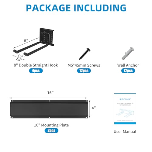 TICONN Garage Organization Tool Storage Utility Rack, Heavy Duty Wall Mounted Hanger Organizer System for Shed Garden Yard Tools, Ski Gears, Broom, Rake, Shovel (32" w/ 4 Hooks)
