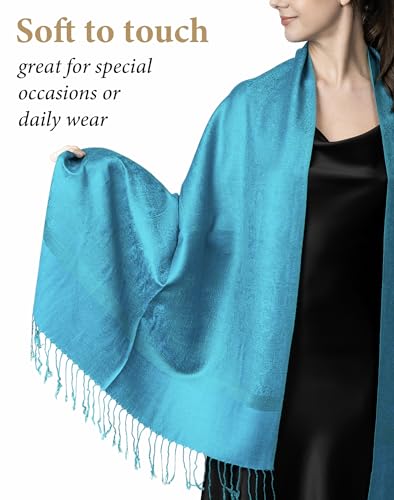 Achillea Women's Two Tone Vintage Jacquard Paisley Pashmina Shawl Wrap Scarf (Light Blue Tan)