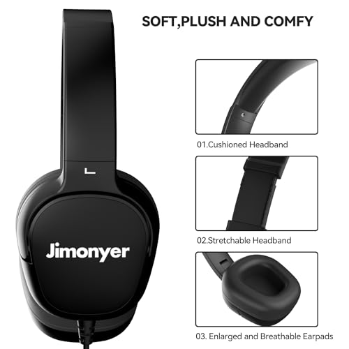 Jimonyer Kids Headphones for School, 3.5mm Jack Wired Headphones for Kids with Safe Volume Limiter, HD Stereo Sound On-Ear Girls Boys Toddler Headphones for Tablet, iPad, Kindle(Black)