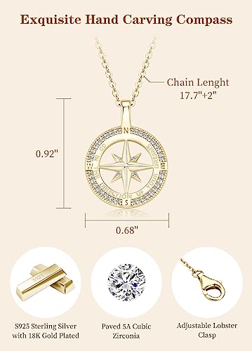 Compass Necklace for Women, 925 Sterling Silver with 18K White Gold/ Gold Plating Compass Pendant Jewelry Cubic Zirconia Unisex College for Masters Degree Graduation Birthday Christmas Ideas Gift