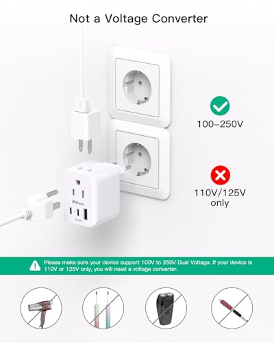 European Travel Plug Adapter, Foldable International Power Plug Adapter with 2 AC Outlets 3 USB Charging Ports(2 USB C), Type C Plug Adapter Travel Essentials, 1 Pack