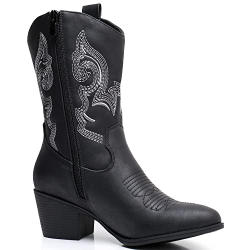 GLOBALWIN Women's White Mid Calf Cowgirl Boots Fashion Western Cowboy Boots for Women Chunky Low Heel With Side Zipper Size 6.5M