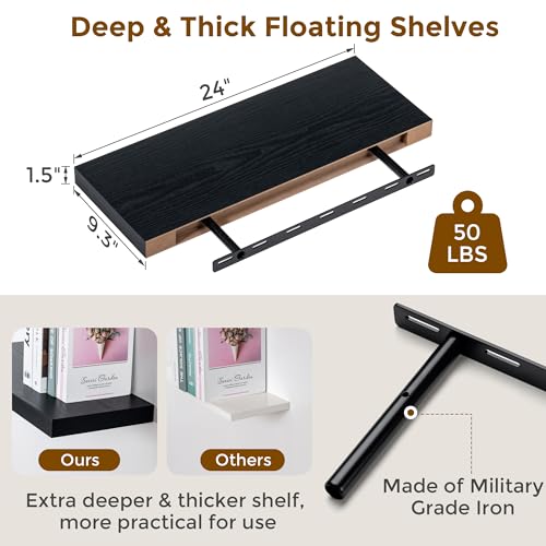 Fun Memories Deep Floating Shelves for Wall, 24W x 9.3D Black Floating Shelves Set of 2, 9.3" Deep Large Wood Shelves for Living Room Bathroom Laundry Room Bedroom Kitchen Home Office - Black