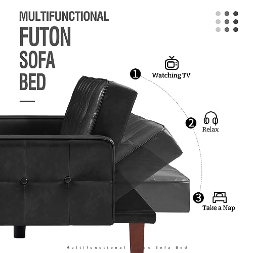 IULULU Futon Sofa Bed, Modern Convertible Faux Leather Sleeper Couch with Armrests for Studio, Office, Apartment, Compact Living, Game Room, Overnight Guests, Brown