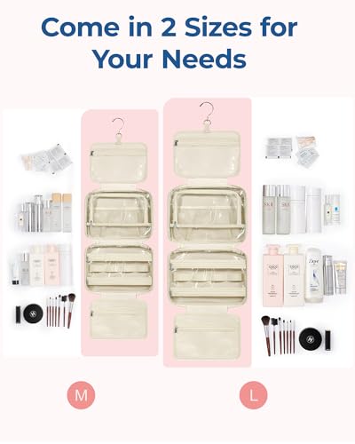 BAGSMART Travel Toiletry Bag with Jewelry Organizer, Hanging Travel Bag for Toiletries, Puffy Makeup Cosmetic Bag Organizer, Carry-on Travel Accessories Essentials, Beige-L