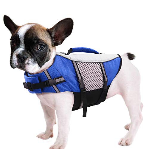 Dog Life Jacket Swimming Vest Lightweight High Reflective Pet Lifesaver with Lift Handle, Leash Ring Blue,XS