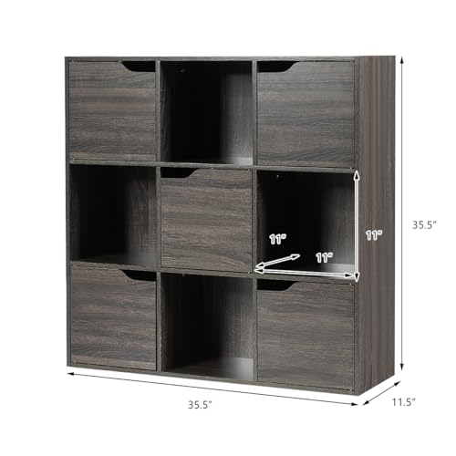 Giantex 9-Cube Storage Organizer, Storage Cabinet with 4 Open Cubes and 5 Cabinets, Freestanding Wooden Cubby Bookcase, Compartment Units for Home Office, 3-Tier Bookshelf for Books