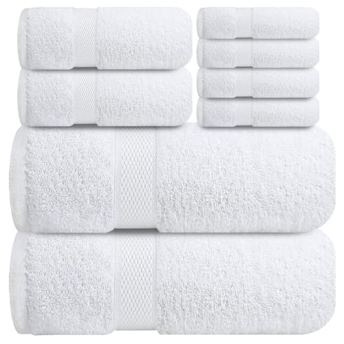 Infinitee Xclusives Premium Bath Towel Set for Bathroom - [Pack of 8] 100% Cotton Bathroom Towel Set - 2 Bath Towels, 2 Hand Towels and 4 Washcloths (Brilliant White)