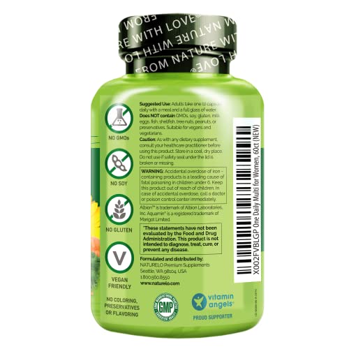 NATURELO One Daily Multivitamin for Women - Energy Support - Whole Food Supplement to Nourish Hair, Skin, Nails - Non-GMO - No Soy - Gluten Free - 60 Capsules - 2 Month Supply