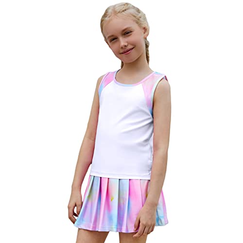 MODAFANS Girls Long Sleeve Tennis Golf Dress Athletic Outfit Kids Tie dye Tank Top and Skorts Sets Sports Skirt with Shorts 4-5 Years,Black Marble