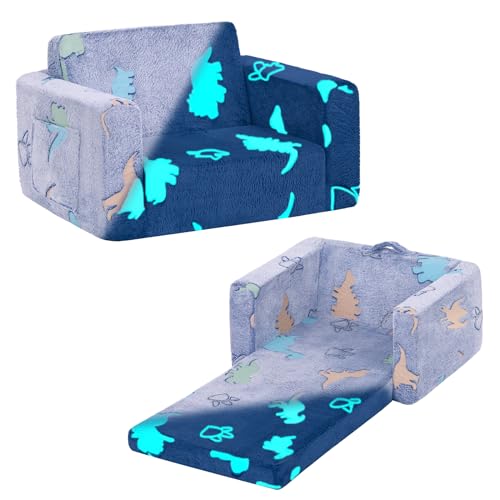 Welnow 2-in-1 Kids Sofa Chair, Glow in The Dark Convertible Toddler Chair Flip Out Children Sofa Folding Kids Sofa with Wave Armrests & Side Pockets & Removable Cover for Girl or Boy